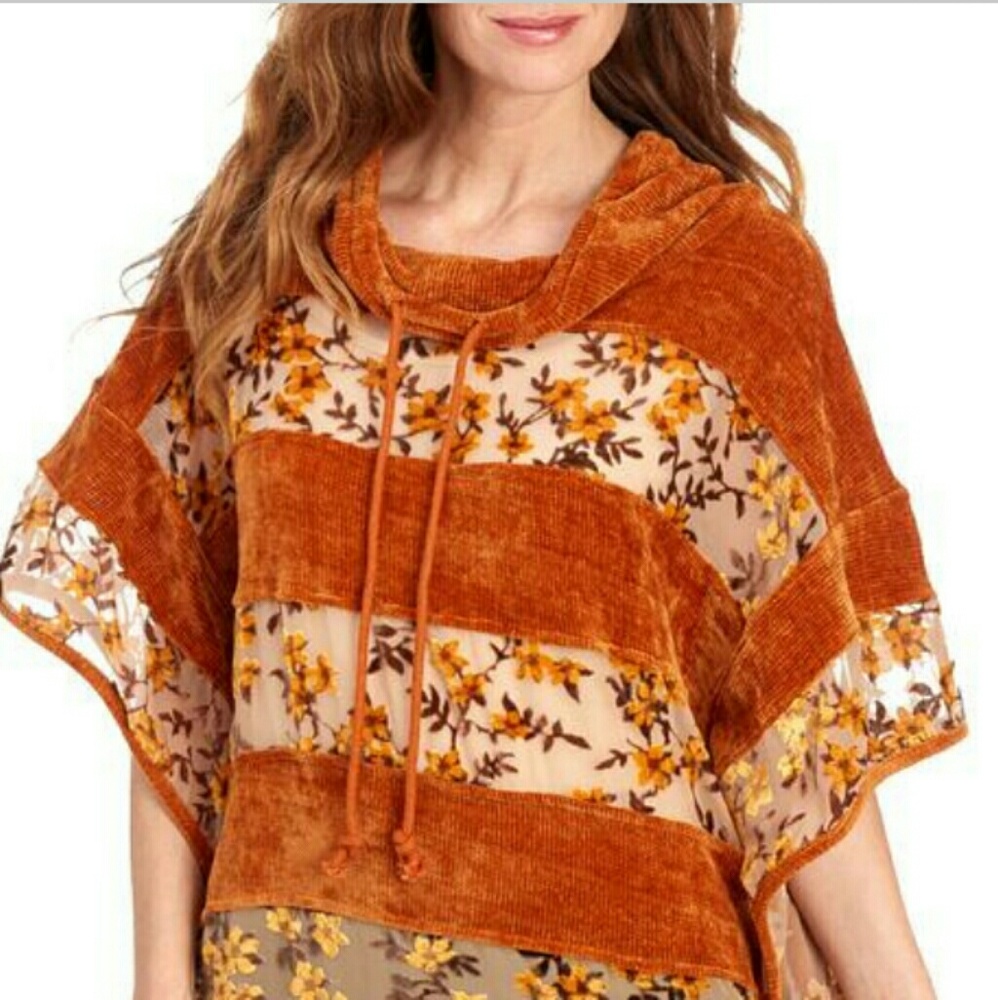Chenille Floral Burnout Stripe Poncho